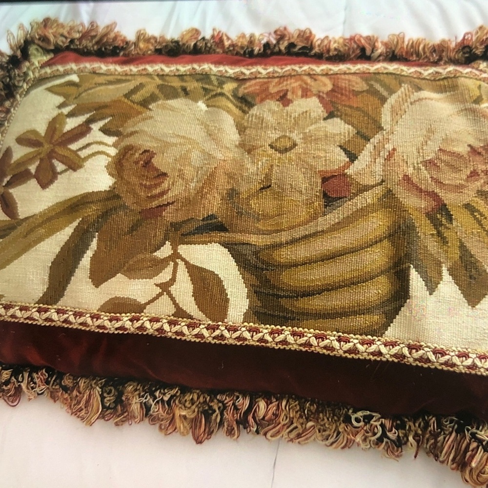 Decorative Floral Tapestry Accent Pillow in Gold, burgundy and Cream